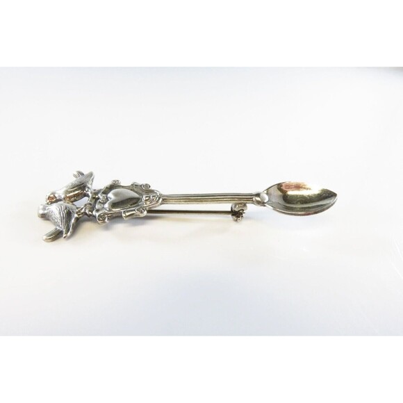 Lovely Little Sterling Silver Love Birds Spoon Brooch 2 5/8" Long - Picture 2 of 6